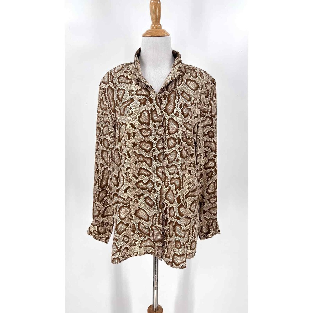 Balla Valentina Blouse Women Medium Brown Snakeskin Silk Button Up Long Sleeve